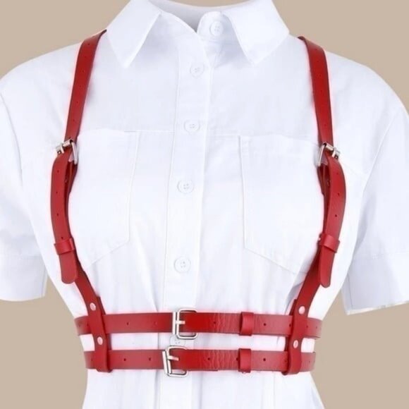 Red PU Leather Ring Link Harness Belt - Picture 1 of 6